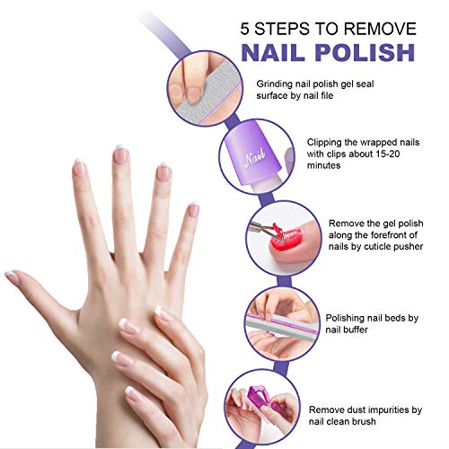 INFILILA Nail Polish Remover Clips Caps Set,10PCS Nail Clips For Polish Removal With Upgrade REAL Lint Free Nail Wipes,Cuticle Pusher,Nail File&Buffer,Clean Brushes,Professinal Nail Polish Remover Kit