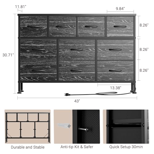 Lulive Dresser for Bedroom, 10 Drawer TV Stand with Power Outlet, Entertainment Center Chest of Drawers for 55 Inch Long TV, Wide Fabric Dresser for Storage & Organization (Black Wood Grain)