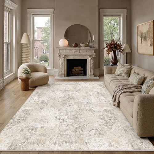 PureCozy Rugs Living Room Rug 200x300cm Beige Washable Non Slip Abstract Natural Neutral Modern Large Carpet Bedroom Lounge Bedside Kitchen Hall Low Pile Carpets