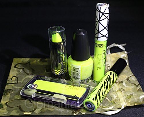 YELLOW NEON SUPER DELUXE Theatrical Make Up Set w/ Cream Stick, Cream Blusher/Rouge, Gel Mascara, Nail Varnish, &amp; Lip Gloss, UV, Black Light, Rave, Party