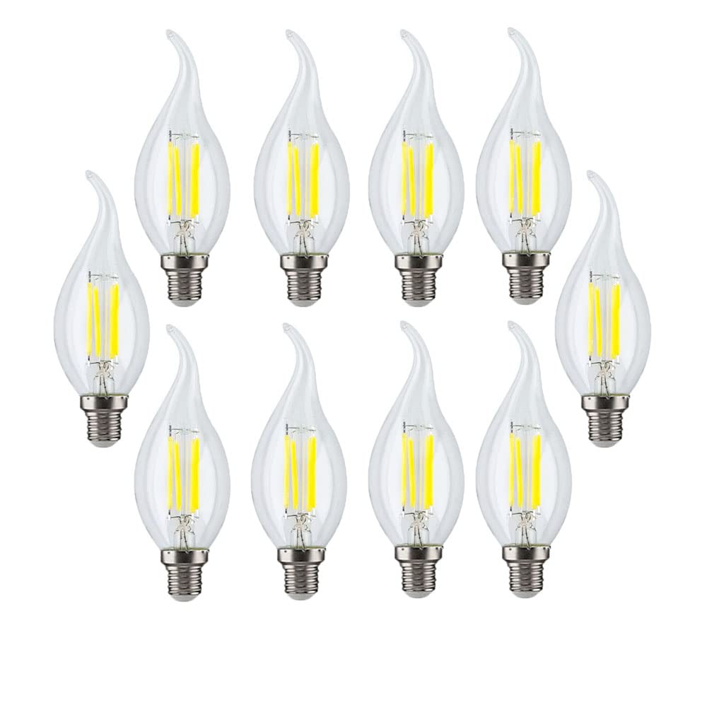 ZYUJIA 10 Packs 6W E14 LED Candle Bulb(Equivalent to 60W) 600LM Not-Dimmable C35 LED Filament Light Bulb,6500K Cool White Vintage Filament Energy Saving Candelabra Lamp,360 Beam Angle