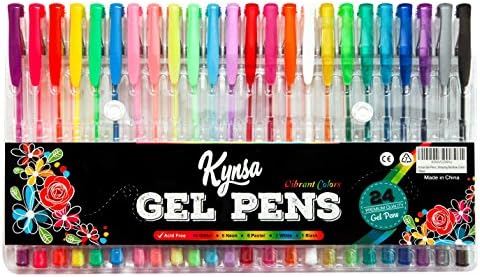 Kynsa Premium Fine Tip Gel Pens - 24 Sparkly Glitter, Neon, Pastel Colors For Adult Coloring, Crafting, Kids, Students, Teachers