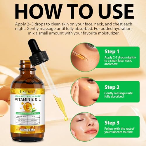 Pure Vitamin E, 100% Natural Vitamin E Oil for Skin, Organic Vitamin E Oil 75,000 IU, for Scars and Stretch Marks, Hydration of Dry Skin and Reduces Wrinkles, Firming Skin, 60 ml
