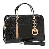 MG Collection CARA Faux Patent Leather Crocodile Embossed Satchel Tote Handbag