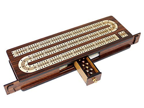 House of Cribbage - Continuous Cribbage Board / Box Inlaid in Rosewood / Maple 12" - 3 Tracks - Sliding Lid Drawer