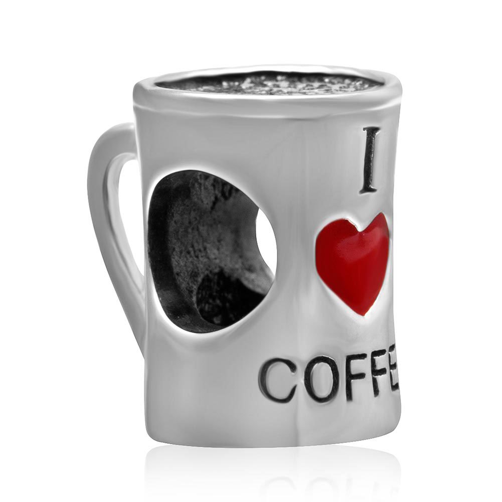 I Love Coffee Charm 925 Sterling Silver Red Heart Charm Love Charm Cup Charm for Pandora Charm Bracelet