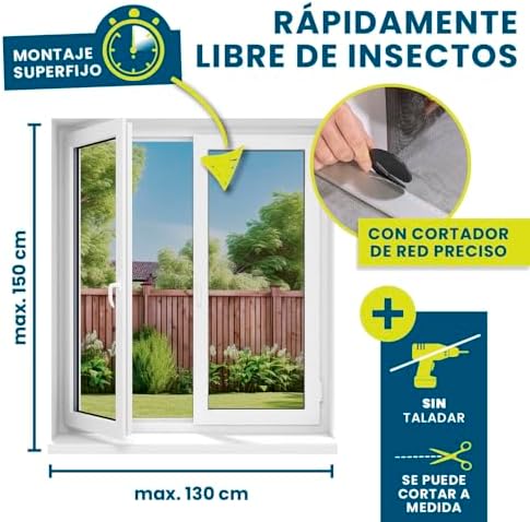 Rede Mosquiteira de Janela com Acessório Magnético Inovador | Rede mosquiteira Cortável individualmente até 150 x 130 cm, sem furar ou aparafusar | Fixação de rede mosquiteira com 16 ímanes [Preto]