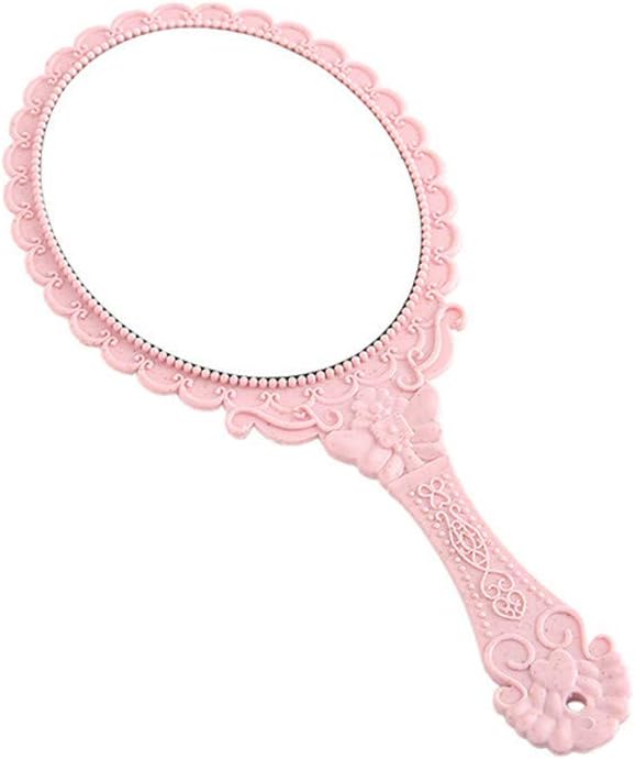 Dzrige Handheld Mirror Vintage Pattern Handle Makeup Mirror Hand Held Travel Mirrors Personal Cosmetic Mirror with Powder Puff (Pink): Kitchen & Dining