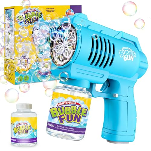 BUBOJOY Bubble Gun for Kids, Automatic Bubble Machine 10000+ Bubbles/Min with Solution, Silent Bubble Blower with Lights for Outdoor Parties Wedding- Blue