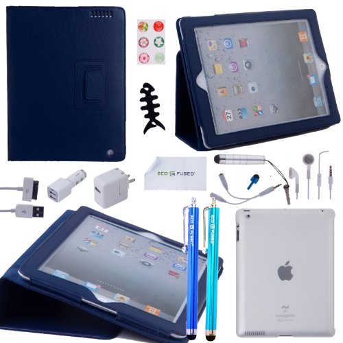 Accessory Bundle for iPad 2 and iPad 3 including Leather Stand Case / 1 TPU Case / 1 Pair of Earphones with Microphone / 4 Stylus Pens / 1 Dual Earphone Splitter / 1 Pack of Home Button Stickers / 1 Wire Collector / 1 Wall Charger / 1 Car Charger / 1 USB Charging Cable / 1 Screen Protector / 1 Eco-Fused Microfiber Cleaning Cloth - One Year Guarantee