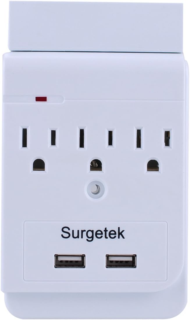 Surgetek Wall Mount 3-Outlet Grounded Surge Protector Extension Outlets Power Strip with 2 USB Charger Port&Phone Holder for iPhone 6 7 8 Plus iPhone X S8, ETL Listed (3 outlets with 2 USB)