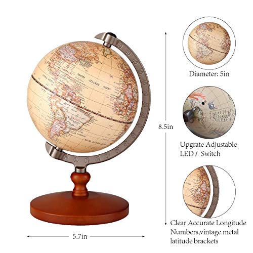 FUN GLOBE 2 in 1 LED World Globe Desktop Decoration Geographic Interactive Earth Globes for Kids & Adults for Educational Toys/Office Supplies/Indoor Decorations/Holiday Gift (Retro, 5 Inches)