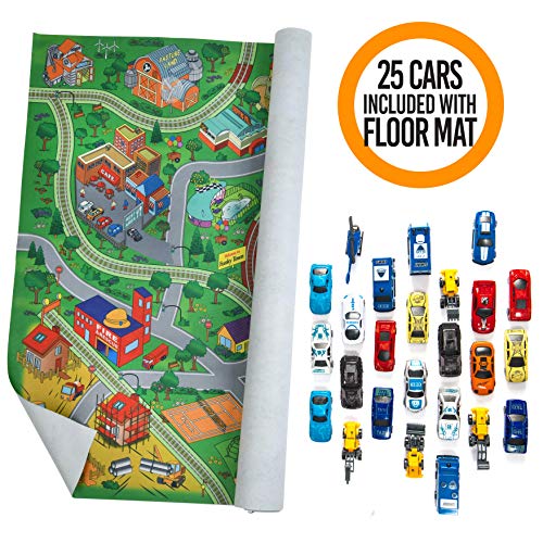 Prextex Giant Fabric Play Mat with 25 Die Cast Toy Cars Included (Play Mat Size 5x5 Feet)