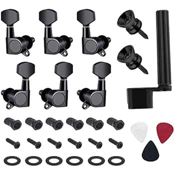 Canomo 6 Pieces Sealed Guitar String Tuning Pegs Keys 3 Left 3 Right Guitar Machine Heads Knobs With Strap Button Locks, Picks and Guitar String Winder for Electric or Acoustic Guitar(Black)