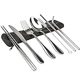 KISSWILL Heavy Duty Flatware Set, Healthy & Eco-Friendly 7 Pieces Knife Fork Spoon Chopsticks Straws Set, Portable Travel Silverware Set, Camping Cutlery Set, Strong and Durable, Dishwasher Safe