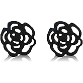 MiniJewelry Rose Flower Black Stud Earrings for Women Men Small Cute Unique Cool Stainless Steel Earrings