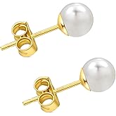HAINBAG Freshwater Pearl Stud Earrings for Women, Hypoallergenic Earrings Studs with Genuine Round White Pearls