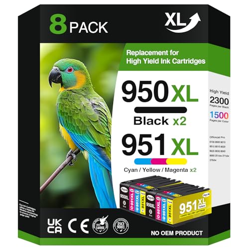 8 Pack 950XL 951XL Multipack Ink Cartridges for HP 950 XL 951 XL Compatible with Officejet Pro 8620 8600 8610 8100 8615 8616 8625 8630 8640 8660 251dw 276dw 271 DW (2 Black/2 Cyan/2 Magenta/2 Yellow)