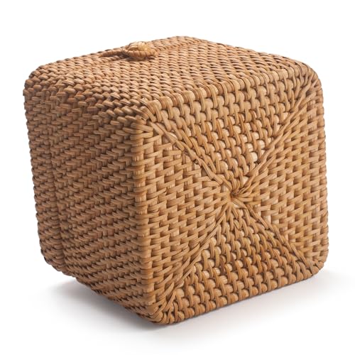 Rattan Paper Tissue Box with Lid, Square Wicker Box Holder, Facial Tissue Paper Tissue Box for Dining Table, Living Room, Bathroom, Bedroom (Natural)