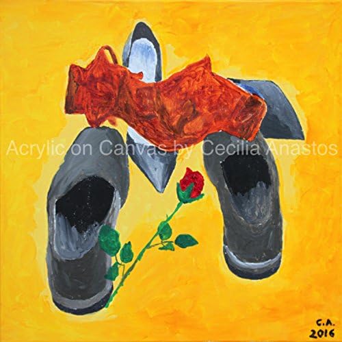 Oulala! 5 (2016) 20 x 20 Acrylic painting on Canvas. Men shoes facing black stiletto with a red rose and a red bra on top of the shoes. Yellow background. Ready to hang. Handmade by USA Artist.