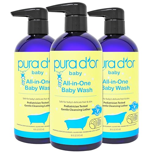 PURA D'OR All-in-One Baby Wash (16 Oz x3 = 48 Oz) USDA Biobased, Zero Sulfates, No Artificial Scents, Tear-Less, Hypoallergenic, Gentle, Calming 2-in-1 Baby Bath Wash & Shampoo