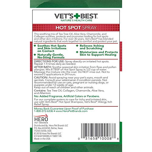 Vet’s Best Dog Hot Spot Itch Relief Spray Relieves Dog Dry Skin, Rash
