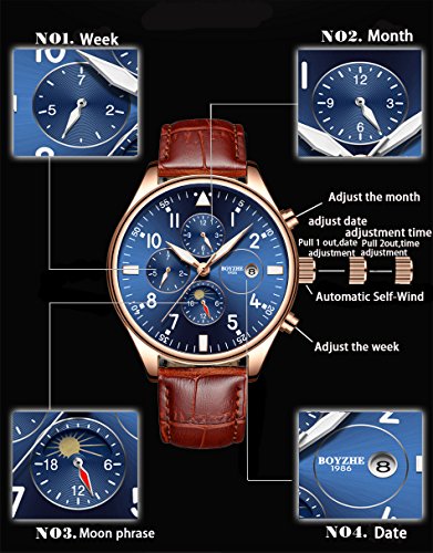 image for BOYZHE Men Automatic Mechanical Sports Watch Moon Phase Calendar Fashi