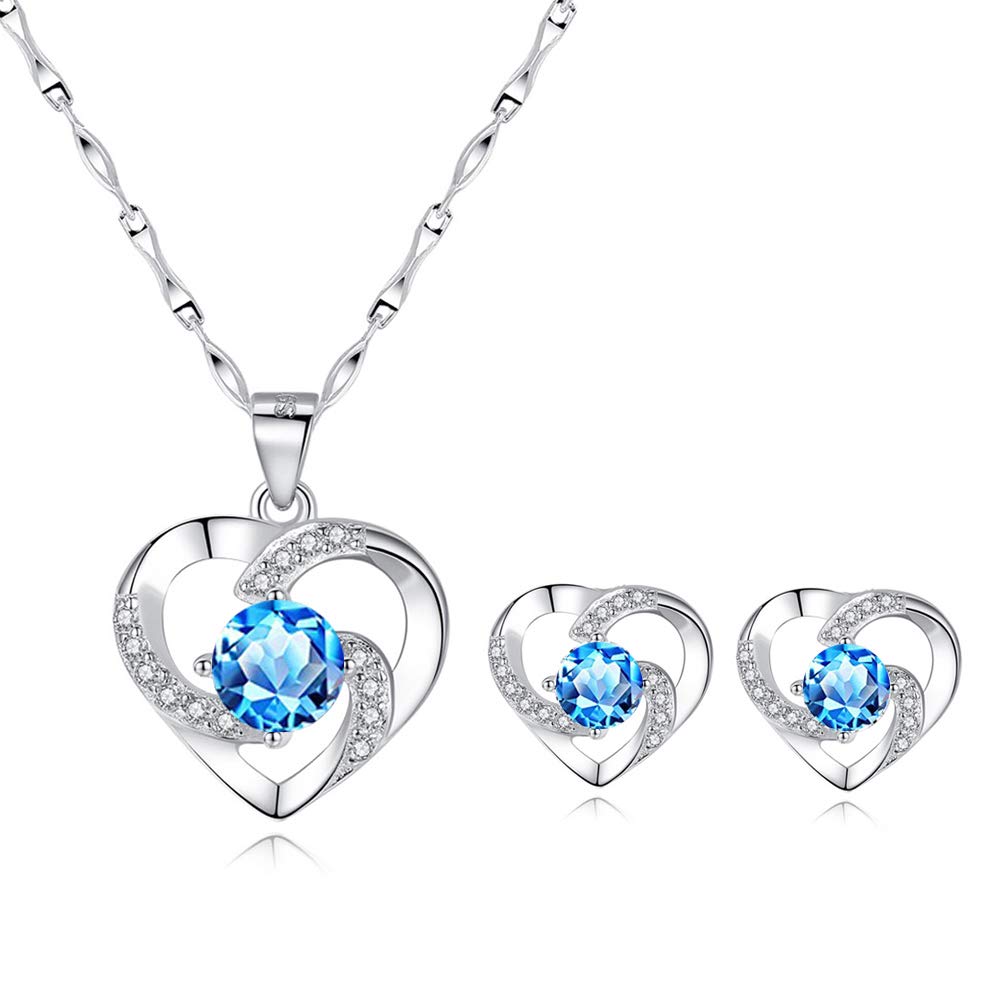 wynn's Silver Jewellery Set for Women, 925 Sterling Silver Heart Stud Earrings, 45cm Silver Necklace Pendant Set with Blue Cubic Zirconia, Gift for Girlfriend Mother Wife — image 1