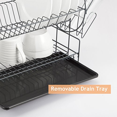 2 Tier Dish Drying Rack Kitchen Organizer with Drain Board, Gray Painted Steel, Naturous