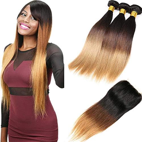 Hairitory Ombre Brazilian Straight Hair Bundles With Lace Closure 3 Tone Blone Ombre Virgin Human Hair Bundle with Closure 100g/PC (18 20 22with16,T1b-4-27)