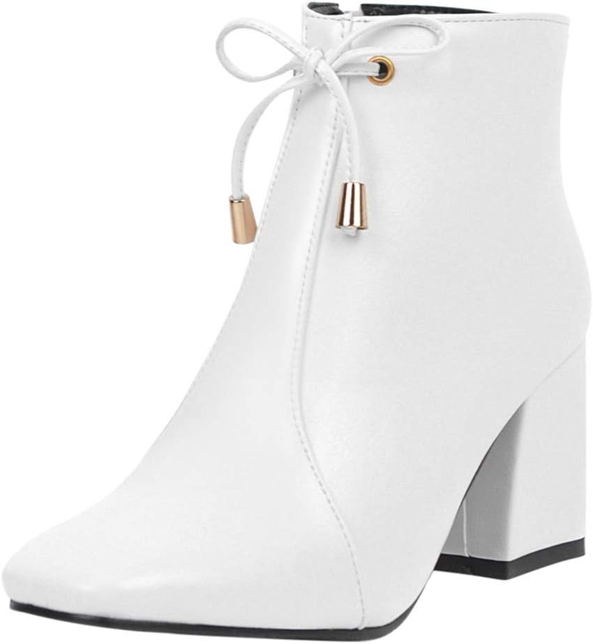 Botas de tacón cuadrado para mujer, con cierre y lazo, color sólido, de piel, con puntera corta