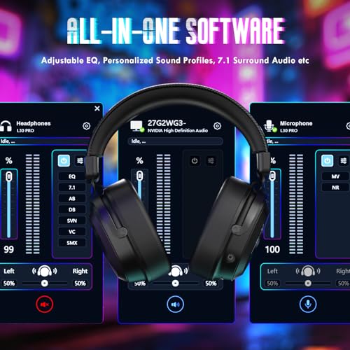 ATTACK SHARK L30PRO Wireless Gaming Headset, 7.1 Surround Sound, EQ Modes, 50mm Drivers, Tri-Mode Connectivity, 1100mAh Battery, Over-Ear Headset with Detachable Noise-Cancelling Mic for PC -Black