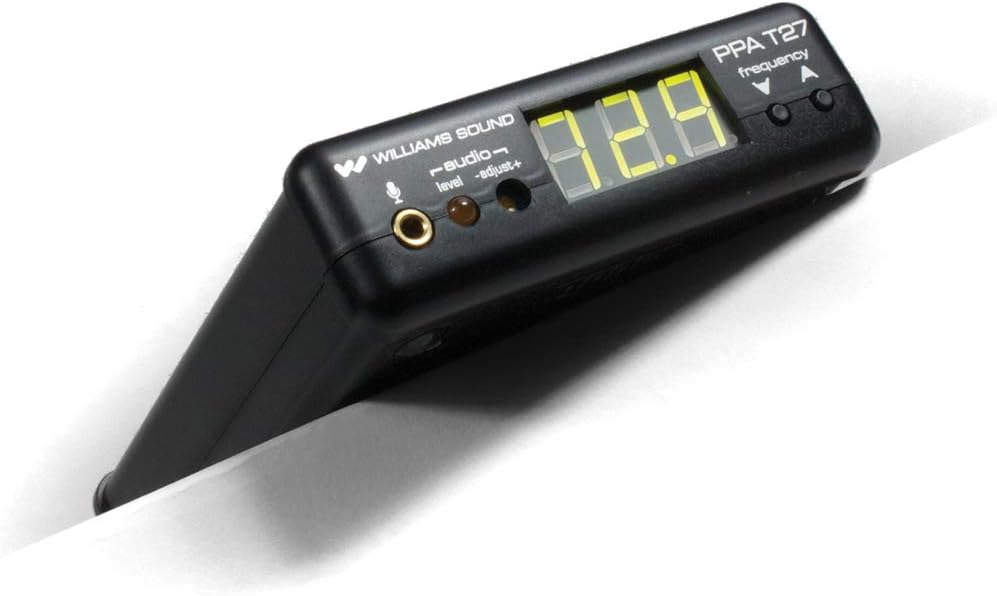 Williams Sound PPA T27-01 Personal PA Compact Base Station Transmitter 72-76 MHz, Black, Power 230 VAC, Stability +/- .005% over 0-50ºC, Pre-Emphasis 75 µS, Frequency Response 85Hz - 14kHz +/-3dB, Distortion 1% Max. THD, Simple set-up and operation, Mic Input Level 1–10 mV, Line Input Level .1–1 Vrms, Up to 1000’ operating range, High-contrast LED display and push-button frequency selection, Flexible 3.5mm mic and RCA line-level inputs, Includes (1) PPA T27 transmitter, (1) ANT 021 antenna, (1) WCA 013 audio cable and (1) Euro Power Supply