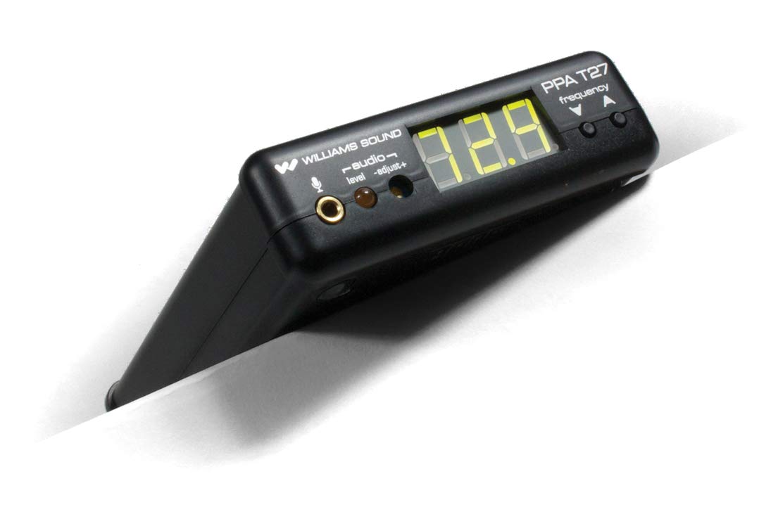 Williams Sound PPA T27-01 Personal PA Compact Base Station Transmitter 72-76 MHz, Black, Power 230 VAC, Stability +/- .005% over 0-50ºC, Pre-Emphasis 75 µS, Frequency Response 85Hz - 14kHz +/-3dB, Distortion 1% Max. THD, Simple set-up and operation, Mic Input Level 1–10 mV, Line Input Level .1–1 Vrms, Up to 1000’ operating range, High-contrast LED display and push-button frequency selection, Flexible 3.5mm mic and RCA line-level inputs, Includes (1) PPA T27 transmitter, (1) ANT 021 antenna, (1) WCA 013 audio cable and (1) Euro Power Supply