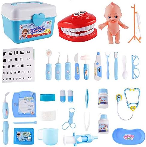 Favson Role Play Doctors Kit, Portable 33PCS Role Play Set, Dress-Up with Doctor Medical Kit and Dentist Medical Educational Learning Role Play Gifts for Kids（Blue