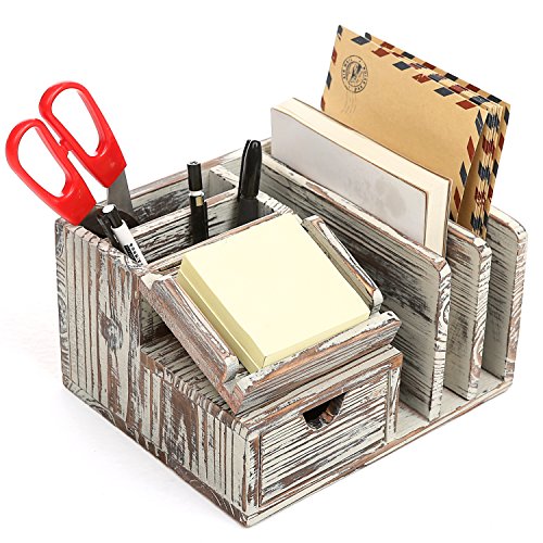 MyGift Torched Wood Desktop Office Organizer w/Sticky Note Pad Holder