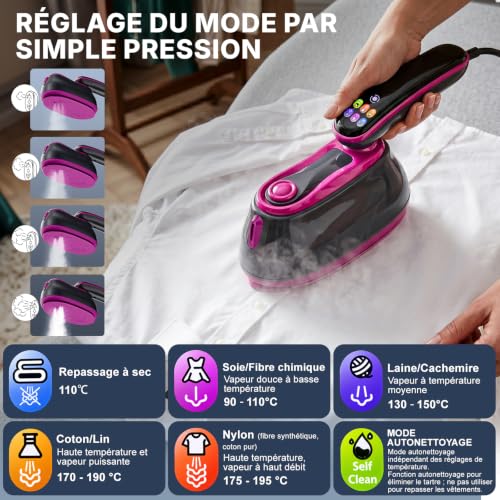 2 in 1 Garment Steamer, 1300 W Portable Garment Steamer, Travel Iron, Multi-Mode Touch Screen, 4 Steams, Dry Ironing + Self-Cleaning, 160 ml Tank Home/Travel