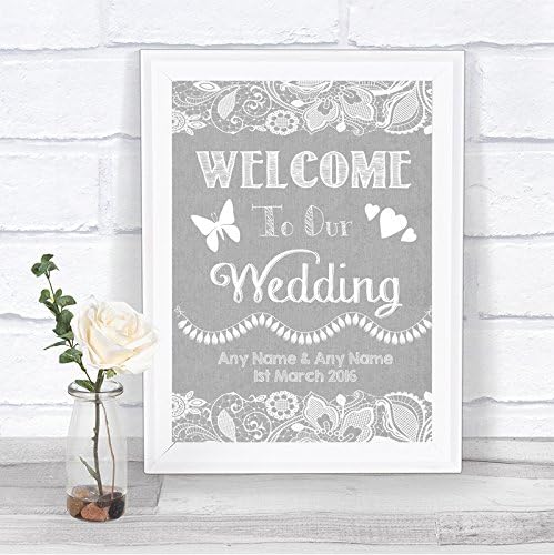 Grey Burlap & Lace Effect Welcome to Our Wedding Personalised Wedding Sign Print