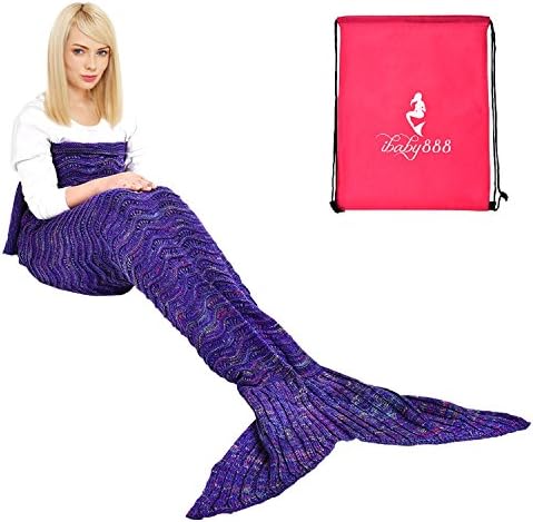 Handmade Mermaid Tail Blanket, iBaby888 All Seasons Warm Knitted Bed Blanket Sofa Quilt Living Room Sleeping Bag for Adults, Wave Pattern, 70.9" x 35.5", (180 x 90cm, Violet)