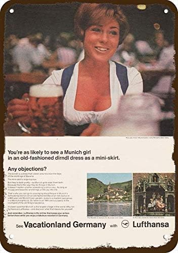 onepicebest 1968 Lufthansa Airlines Vintage Look Metal Sign 7" x 10"Cute Munich Girl in Dirndl Dress