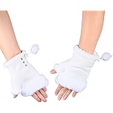 CABODYALS White Faux Fur Fingerless Gloves Winter Cold Weather Fuzzy Suede Leather Fabric Warm Hand Wrist Half Finger Soft Fuffly Mittens with Thumb Hole Bulk for Women Driving Texting Typing Outings
