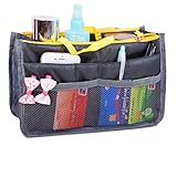 JET-BOND(TM) XB001 Nylon Handbag Insert Pouch Organizer Large Liner Purse with Zippers Handles Multi-function Cosmetic Storage Foldable Tote Inner Bag (Grey)