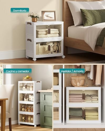 Cajas de Almacenamiento de 4 Niveles, Organizador con 1 Tapa, Cajas Apilables, con Ruedas, de Plástico, con Puerta Magnética, Blanco, 45 L por Nivel, RLB450WZ01