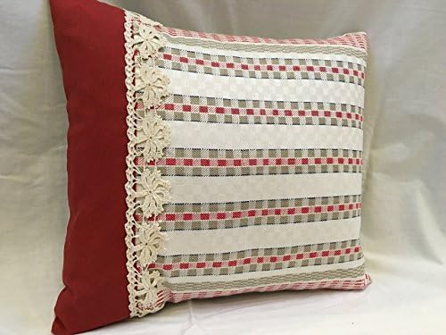RED BEIGE UPCYCLED PILLOW COVER, Repurposed from 1920s Antique Woven European Fabric and Handmade Lace, 18X16