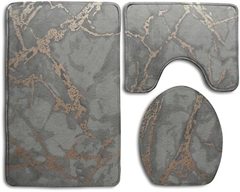 NNHKY Bathroom Rug Mats Set 3 Piece Non Slip Comfortable Flannel Floor Shower Mat - Rug (31.49" X 19.68"), Contour Mat (19.68" X 15.74"), Lid Cover (13.77" X 17.71"), Rose Gold Grey Marble