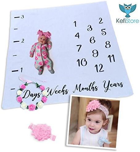 Newborn Baby Milestone Blanket - Soft and Warm Milestone Baby Blanket - Monthly and Yearly Blanket for Newborns - Personalized First Year 12 Month Calendar Photos – Includes Headband, Wreath and eBook