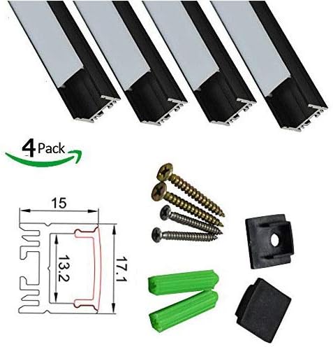 LEDneighbor Black LED Profile 17x15mm Aluminum Channel for 10mm-12mm LED Strip Light Hidden Clips Fixed Screw 4 Packs 3.3ft/1Meter