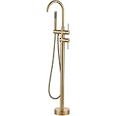 Freestanding Tub Filler Faucet, Floor Mount Brushed Gold Bathtub Faucet with Single Handheld Shower for Bathroom, Brass Shower Tub Faucet Set Complete, Bathtub Faucet with Shower