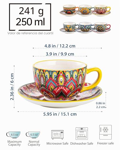 Porcelain Coffee Set, Set of 6 x 250 ml, Hand Painted, Set for 6 People, Includes Coffee Cups and Saucers