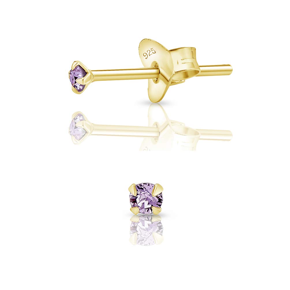 Small Solitaire Stud Earrings 925 Sterling Silver Gold Plated 24K - Tiny Gold Studs 2 mm - Minimalist Sparkle Stud Earrings with Violet Crystal